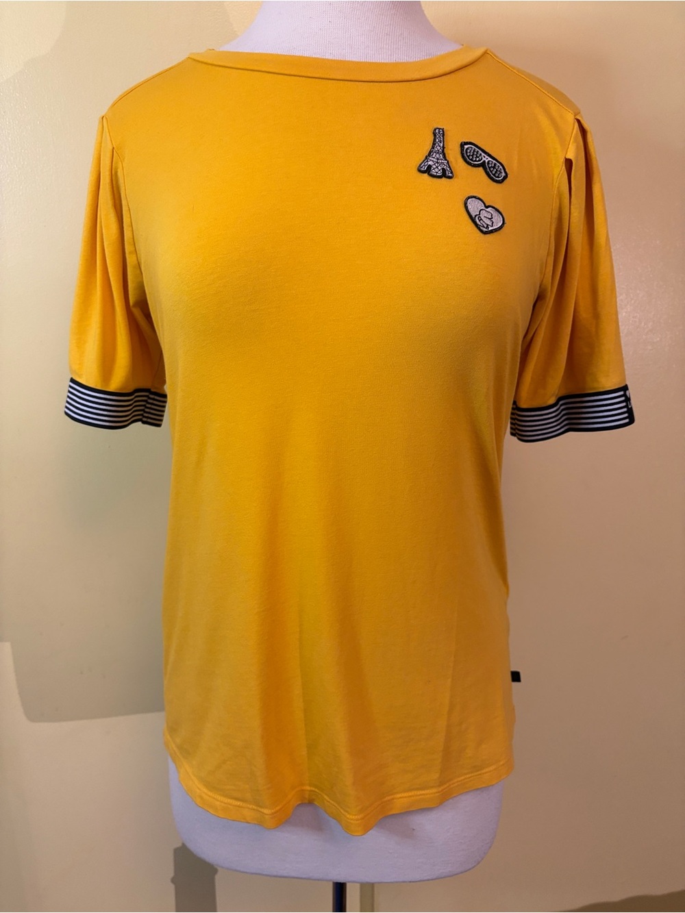 Karl Lagerfeld Yellow Short-Sleeve Crewneck Tee with Patch Accents